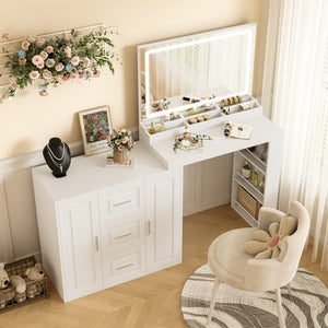 HomeRoots 59" Solid Wood Vanity Table with Lighted Mirror & Three Drawers for Elegant Grooming & Storage 623363