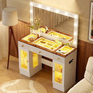 HomeRoots 43" Elegant Solid Wood Vanity Table with LED Mirror, 3 Drawers & Power Outlet for Modern Spaces 623364