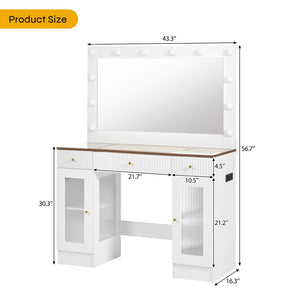 HomeRoots 43" Elegant Solid Wood Vanity Table with LED Mirror, 3 Drawers & Power Outlet for Modern Spaces 623364