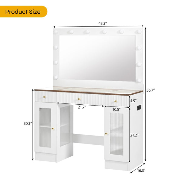 HomeRoots 43" Elegant Solid Wood Vanity Table with LED Mirror, 3 Drawers & Power Outlet for Modern Spaces 623364