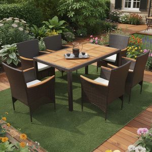 HomeRoots Seven Piece Solid Wood Dining Set with Elegant Brown Finish and Six Comfortable Chairs for Entertaining 623365