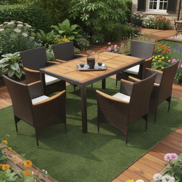HomeRoots Seven Piece Solid Wood Dining Set with Elegant Brown Finish and Six Comfortable Chairs for Entertaining 623365