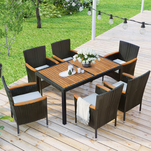 HomeRoots Seven Piece Solid Wood Dining Set with Elegant Brown Finish and Six Comfortable Chairs for Entertaining 623365