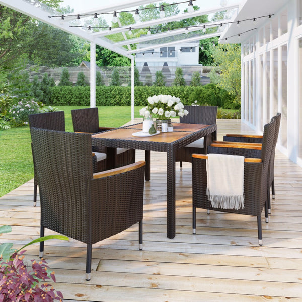 HomeRoots Seven Piece Solid Wood Dining Set with Elegant Brown Finish and Six Comfortable Chairs for Entertaining 623365