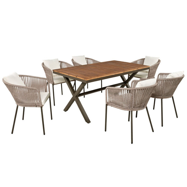HomeRoots Seven Piece Brown and Black Solid Wood Dining Set - Stylish Outdoor Seating for Any Occasion 623366