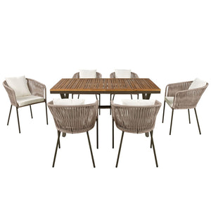 HomeRoots Seven Piece Brown and Black Solid Wood Dining Set - Stylish Outdoor Seating for Any Occasion 623366