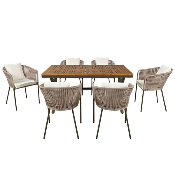 HomeRoots Seven Piece Brown and Black Solid Wood Dining Set - Stylish Outdoor Seating for Any Occasion 623366