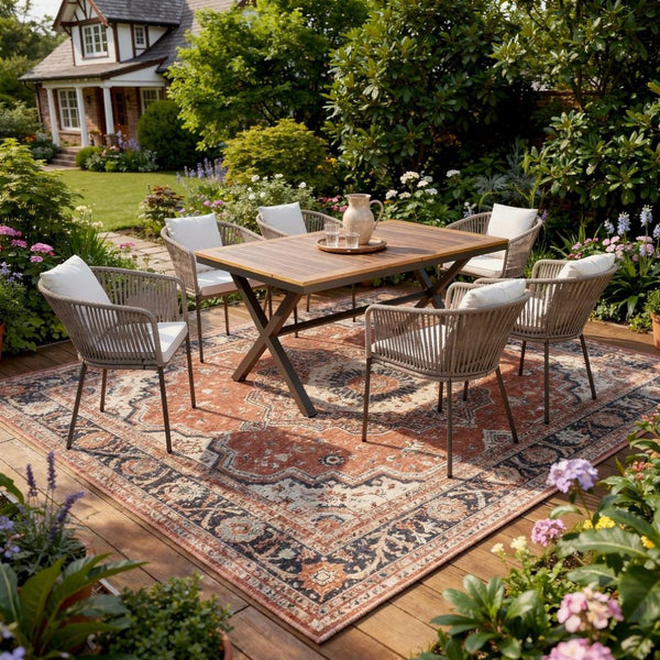HomeRoots Seven Piece Brown and Black Solid Wood Dining Set - Stylish Outdoor Seating for Any Occasion 623366