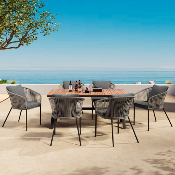 HomeRoots Seven Piece Natural and Black Wood Dining Set - Modern Table & 6 Ergonomic Chairs for Comfort 623367