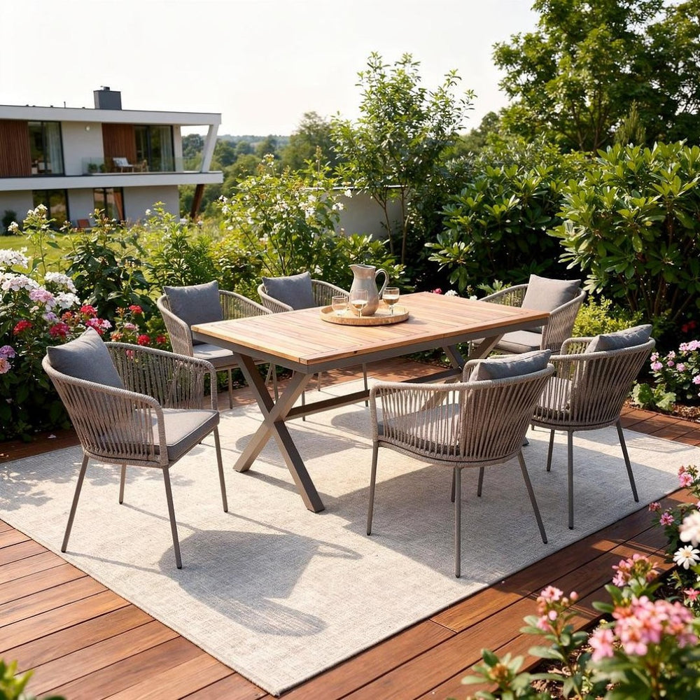HomeRoots Seven Piece Natural and Black Wood Dining Set - Modern Table & 6 Ergonomic Chairs for Comfort 623367