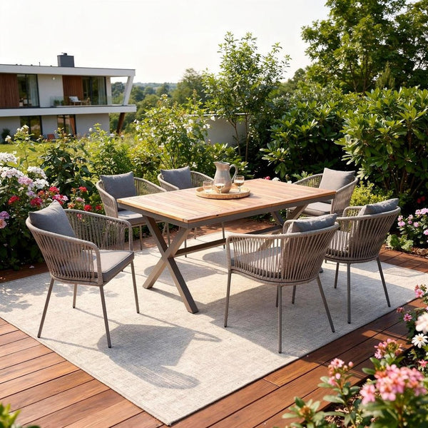 HomeRoots Seven Piece Natural and Black Wood Dining Set - Modern Table & 6 Ergonomic Chairs for Comfort 623367