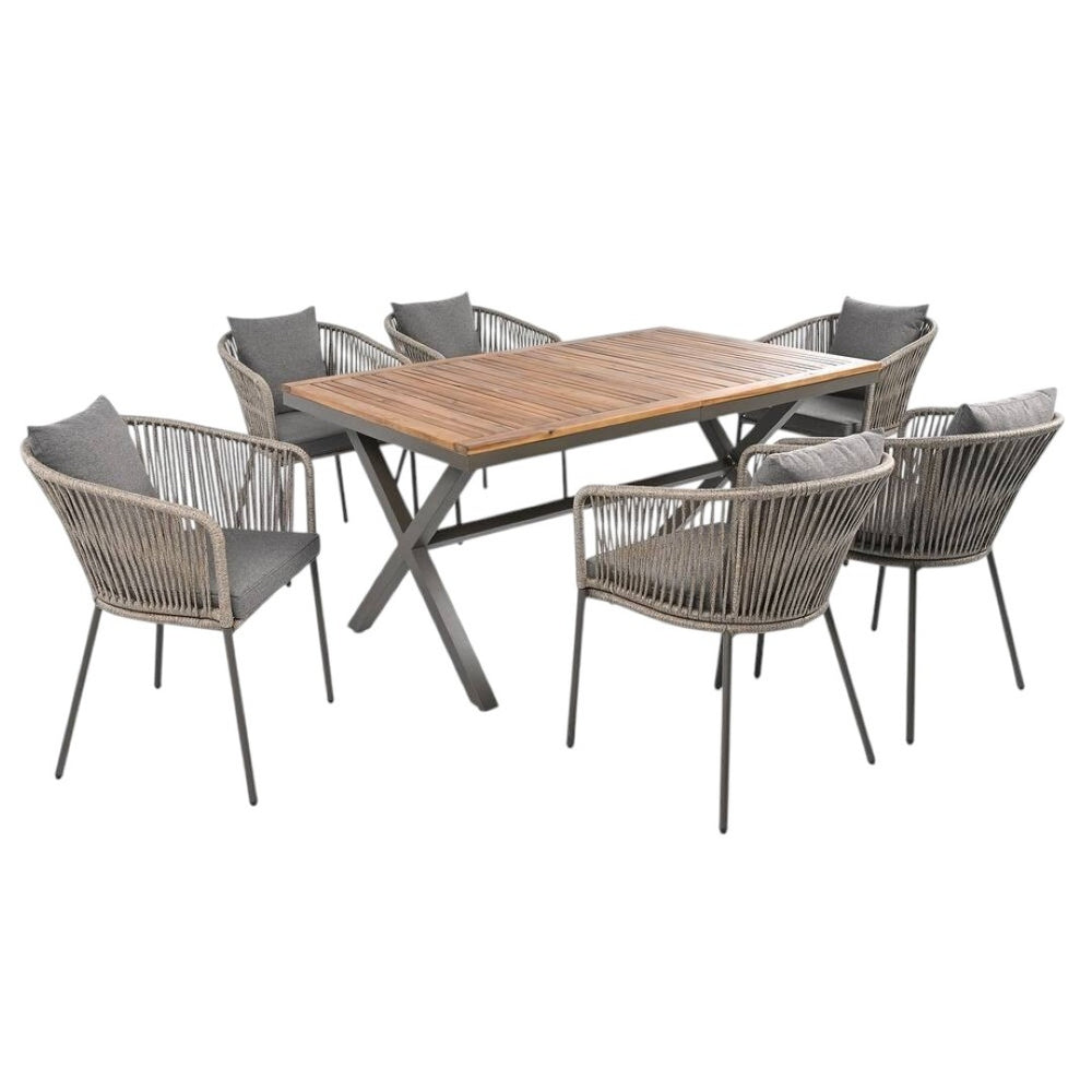 HomeRoots Seven Piece Natural and Black Wood Dining Set - Modern Table & 6 Ergonomic Chairs for Comfort 623367
