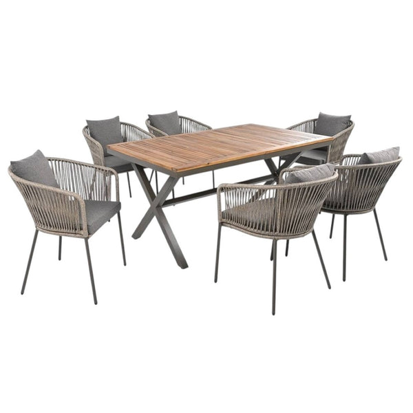 HomeRoots Seven Piece Natural and Black Wood Dining Set - Modern Table & 6 Ergonomic Chairs for Comfort 623367