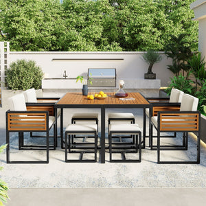 HomeRoots Nine-Piece Natural & Black Wood Dining Set - Stylish Table with 4 Chairs & 4 Benches for Gatherings 623368