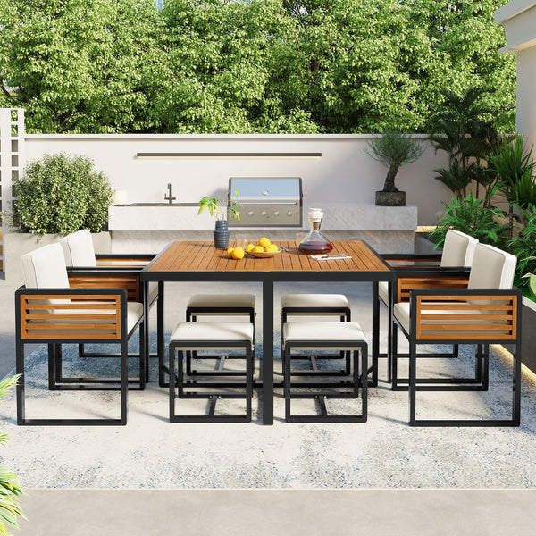HomeRoots Nine-Piece Natural & Black Wood Dining Set - Stylish Table with 4 Chairs & 4 Benches for Gatherings 623368
