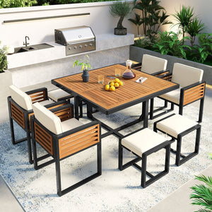 HomeRoots Nine-Piece Natural & Black Wood Dining Set - Stylish Table with 4 Chairs & 4 Benches for Gatherings 623368