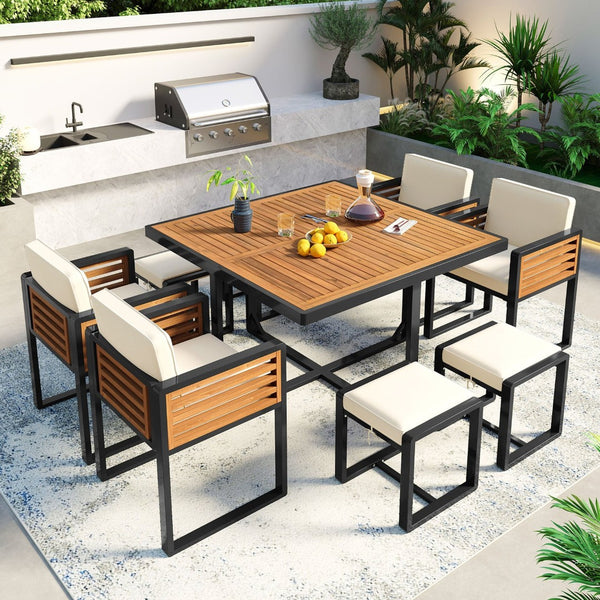 HomeRoots Nine-Piece Natural & Black Wood Dining Set - Stylish Table with 4 Chairs & 4 Benches for Gatherings 623368