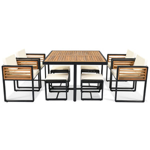 HomeRoots Nine-Piece Natural & Black Wood Dining Set - Stylish Table with 4 Chairs & 4 Benches for Gatherings 623368