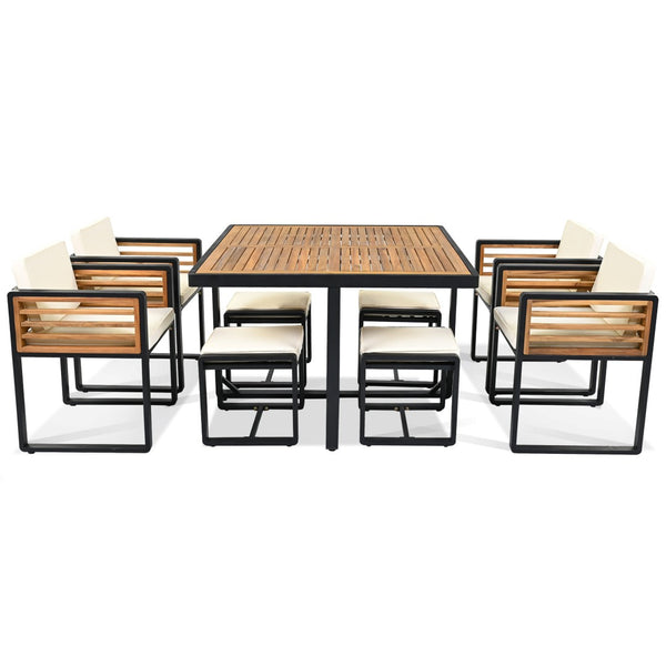 HomeRoots Nine-Piece Natural & Black Wood Dining Set - Stylish Table with 4 Chairs & 4 Benches for Gatherings 623368
