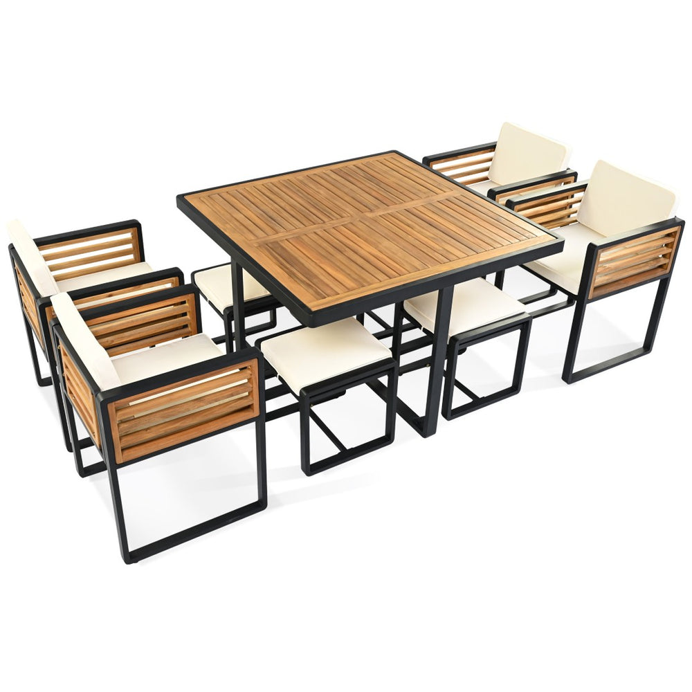 HomeRoots Nine-Piece Natural & Black Wood Dining Set - Stylish Table with 4 Chairs & 4 Benches for Gatherings 623368