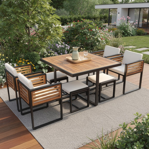 HomeRoots Nine-Piece Natural & Black Wood Dining Set - Stylish Table with 4 Chairs & 4 Benches for Gatherings 623368