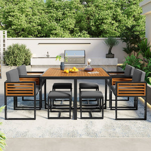 HomeRoots Nine Piece Natural and Black Wood Dining Set with Stylish Chairs and Benches for Any Space 623369