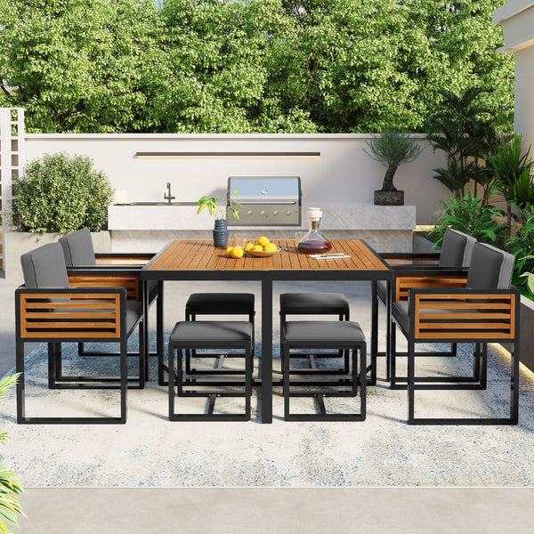 HomeRoots Nine Piece Natural and Black Wood Dining Set with Stylish Chairs and Benches for Any Space 623369