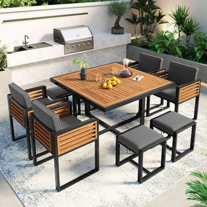 HomeRoots Nine Piece Natural and Black Wood Dining Set with Stylish Chairs and Benches for Any Space 623369