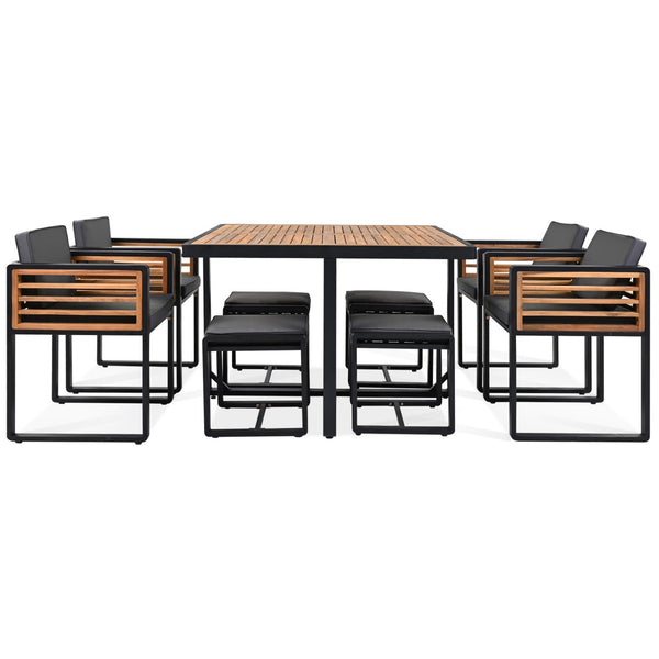 HomeRoots Nine Piece Natural and Black Wood Dining Set with Stylish Chairs and Benches for Any Space 623369