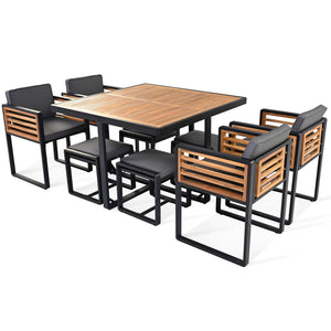 HomeRoots Nine Piece Natural and Black Wood Dining Set with Stylish Chairs and Benches for Any Space 623369