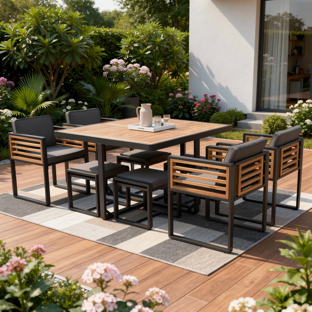 HomeRoots Nine Piece Natural and Black Wood Dining Set with Stylish Chairs and Benches for Any Space 623369