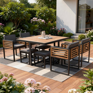 HomeRoots Nine Piece Natural and Black Wood Dining Set with Stylish Chairs and Benches for Any Space 623369