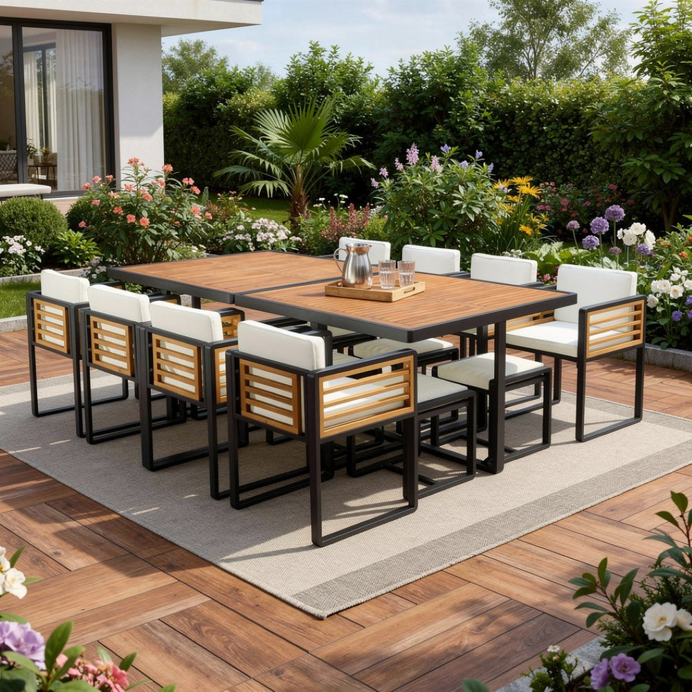 HomeRoots 14-Piece Natural Wood & Black Metal Dining Set with 8 Chairs & 4 Benches for Stylish Gatherings 623370