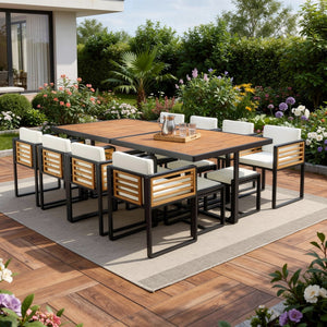 HomeRoots 14-Piece Natural Wood & Black Metal Dining Set with 8 Chairs & 4 Benches for Stylish Gatherings 623370