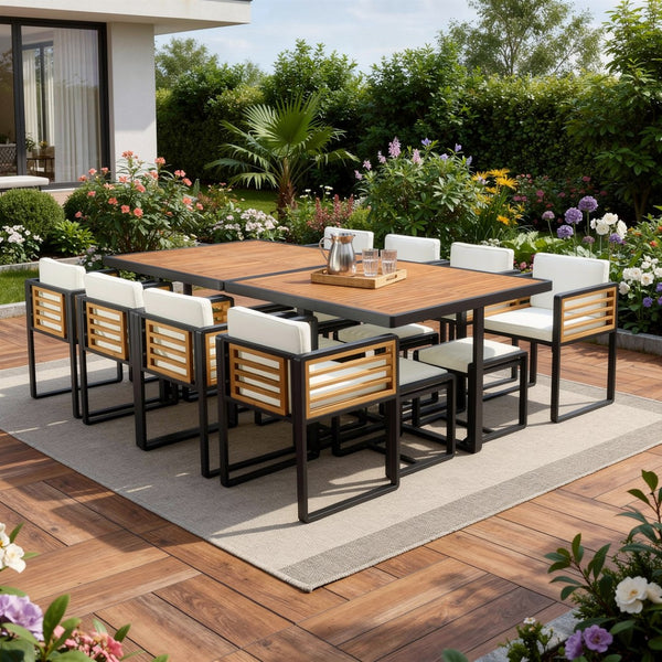 HomeRoots 14-Piece Natural Wood & Black Metal Dining Set with 8 Chairs & 4 Benches for Stylish Gatherings 623370