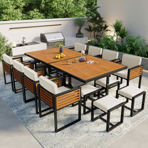 HomeRoots 14-Piece Natural Wood & Black Metal Dining Set with 8 Chairs & 4 Benches for Stylish Gatherings 623370