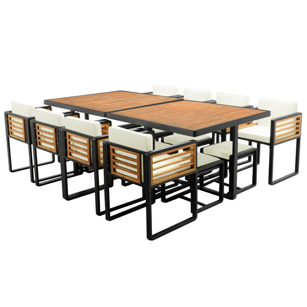HomeRoots 14-Piece Natural Wood & Black Metal Dining Set with 8 Chairs & 4 Benches for Stylish Gatherings 623370