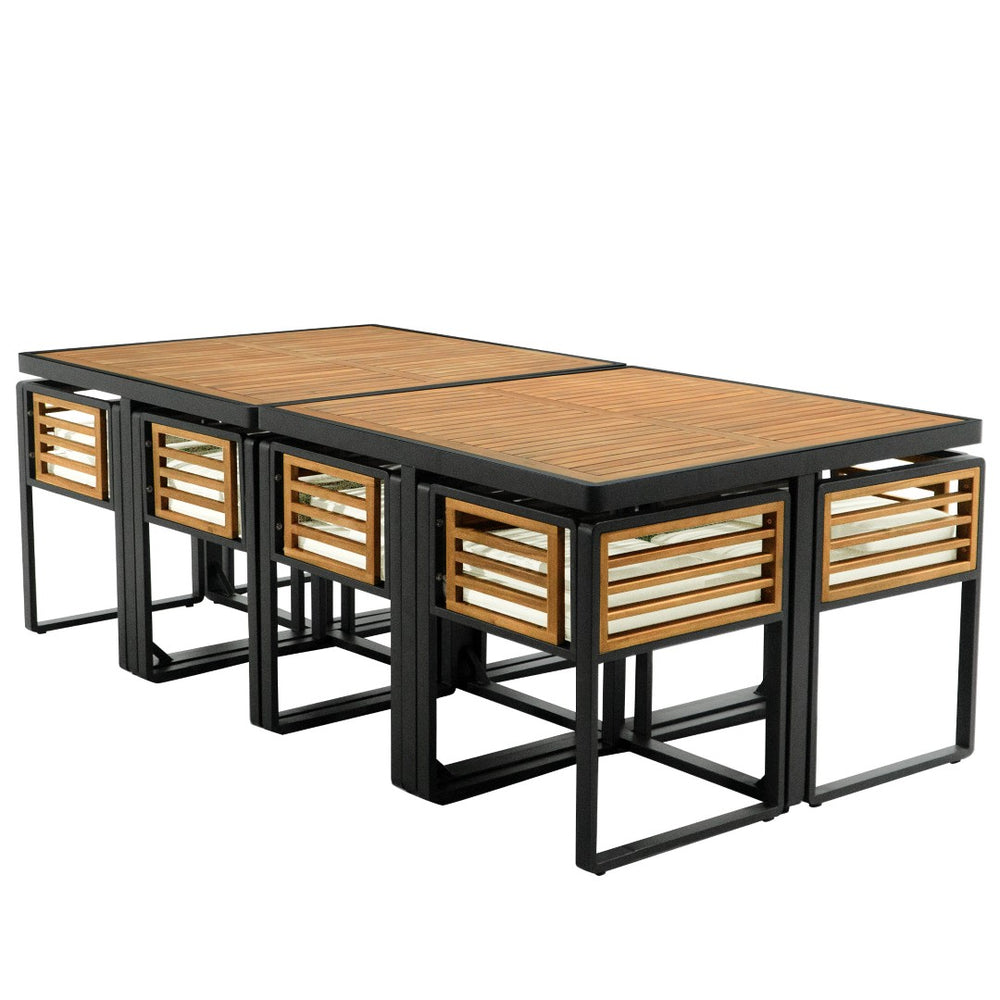 HomeRoots 14-Piece Natural Wood & Black Metal Dining Set with 8 Chairs & 4 Benches for Stylish Gatherings 623370