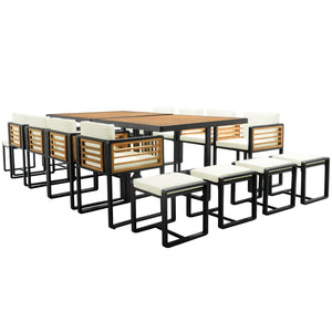 HomeRoots 14-Piece Natural Wood & Black Metal Dining Set with 8 Chairs & 4 Benches for Stylish Gatherings 623370