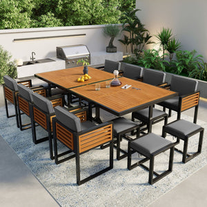 HomeRoots 14-Piece Natural and Black Wood Dining Set: Sleek Table, 8 Chairs & 4 Benches for Stylish Gatherings 623371