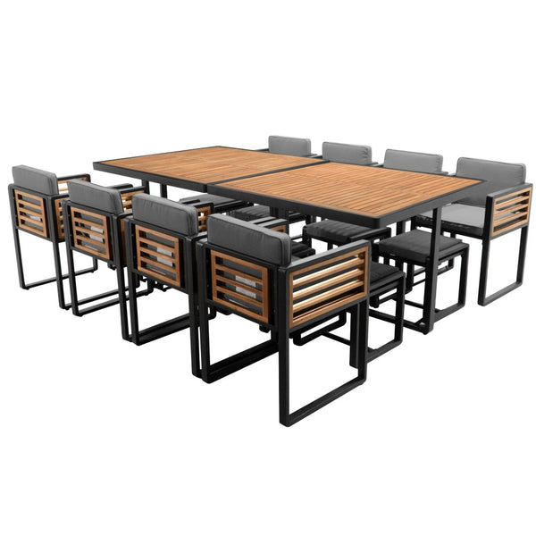 HomeRoots 14-Piece Natural and Black Wood Dining Set: Sleek Table, 8 Chairs & 4 Benches for Stylish Gatherings 623371