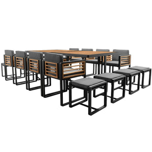 HomeRoots 14-Piece Natural and Black Wood Dining Set: Sleek Table, 8 Chairs & 4 Benches for Stylish Gatherings 623371