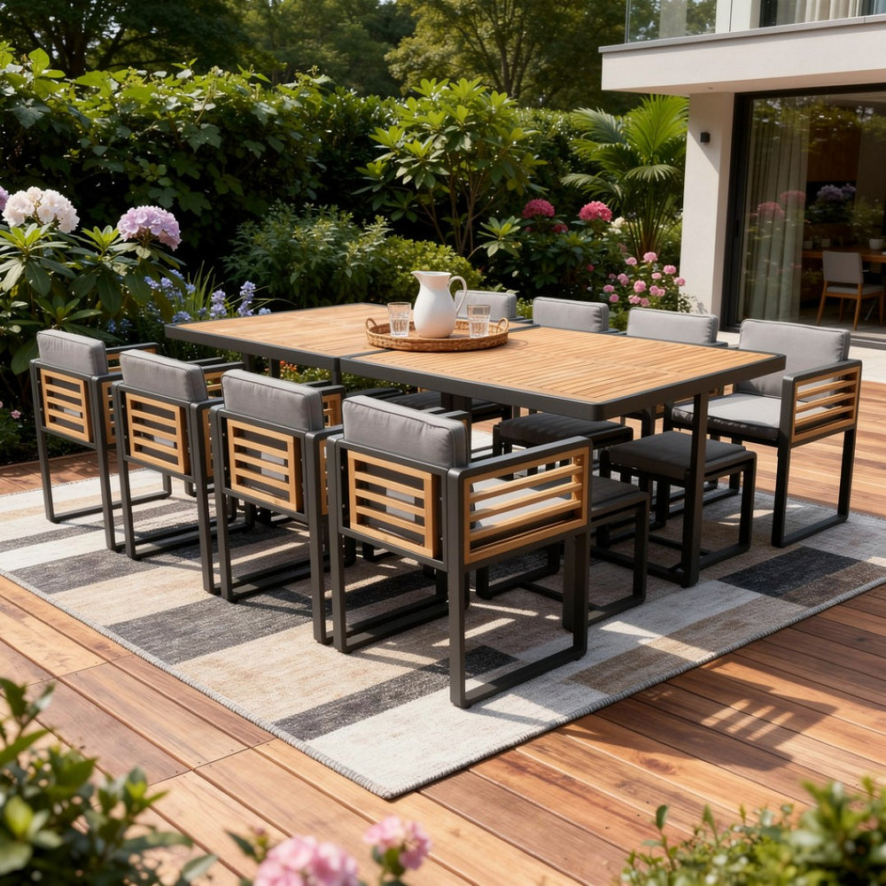 HomeRoots 14-Piece Natural and Black Wood Dining Set: Sleek Table, 8 Chairs & 4 Benches for Stylish Gatherings 623371