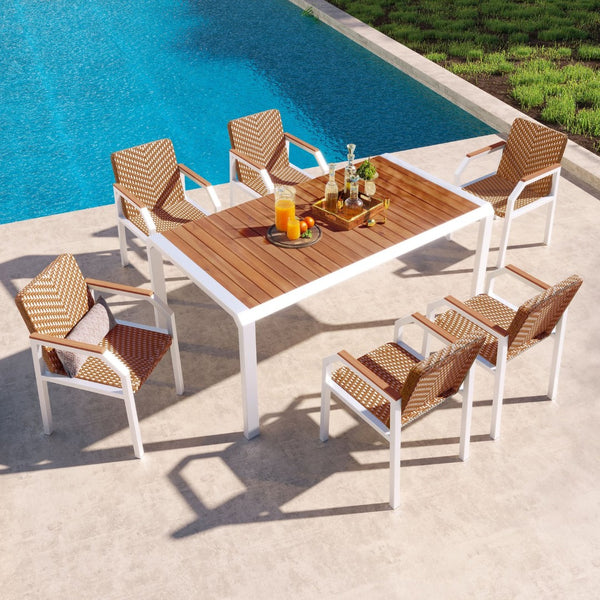 HomeRoots Seven Piece Natural and White Wood Dining Set – Stylish Table with 6 Comfortable Chairs for All Occasions 623372
