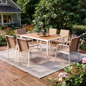 HomeRoots Seven Piece Natural and White Wood Dining Set – Stylish Table with 6 Comfortable Chairs for All Occasions 623372
