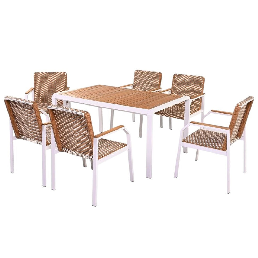 HomeRoots Seven Piece Natural and White Wood Dining Set – Stylish Table with 6 Comfortable Chairs for All Occasions 623372