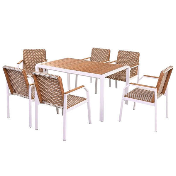 HomeRoots Seven Piece Natural and White Wood Dining Set – Stylish Table with 6 Comfortable Chairs for All Occasions 623372