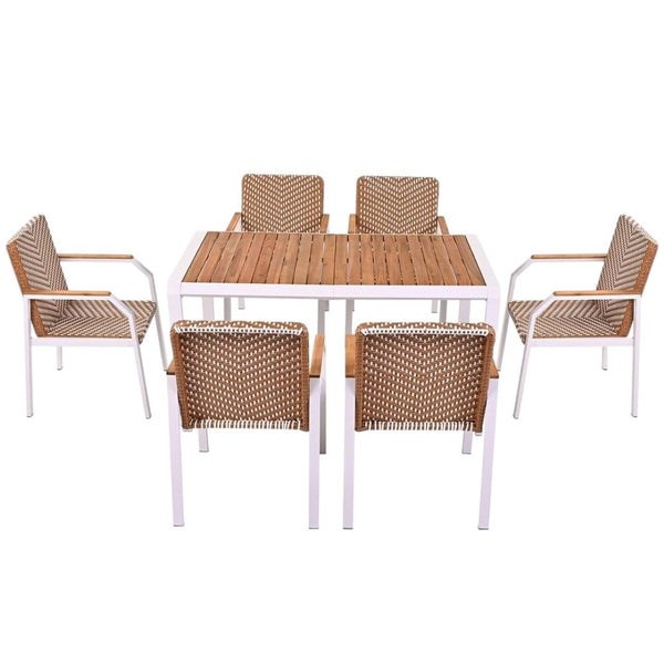 HomeRoots Seven Piece Natural and White Wood Dining Set – Stylish Table with 6 Comfortable Chairs for All Occasions 623372