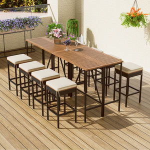 HomeRoots Nine-Piece Natural and Black Wood Dining Set with Eight Stylish Chairs for Elevated Gatherings 623373