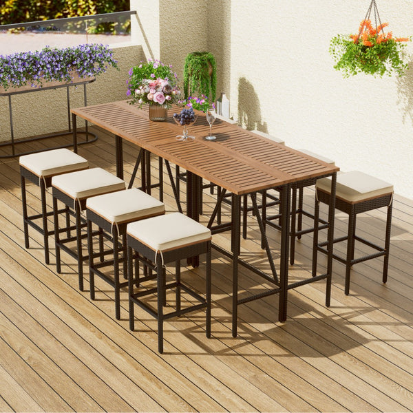 HomeRoots Nine-Piece Natural and Black Wood Dining Set with Eight Stylish Chairs for Elevated Gatherings 623373